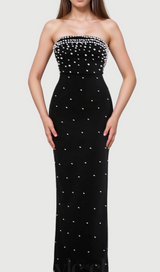 pearl-embellished strapless gown in black