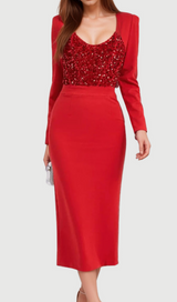 MELISSA LONG SLEEVE PATCHWORK SEQUIN MIDI DRESS IN RED