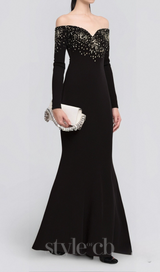 crystal embellished off-shoulder gown in black