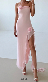 Strapless Lace Spliced Slit Bodycon Dress in pink