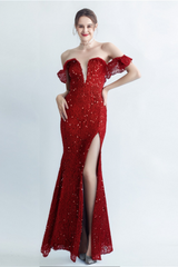 RED OFF-SHOULDER SEQUIN DRESS