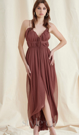 sally pleated midi dress in rust red