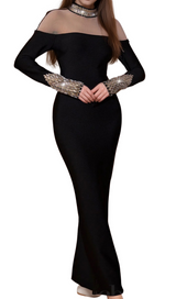 alexandra Long Sleeve Rhinestone Bandage maxi Dress in black