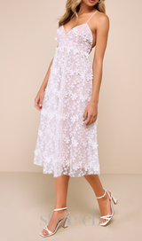3D Floral Applique Midi Dress in White