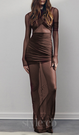 long sleeve mesh insert draped maxi dress