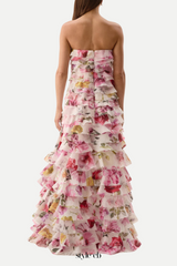 yetta Strapless Floral Printed Layered Maxi Dress