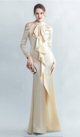 RAE CHAMPAGNE ONE-SHOULDER RUFFLE EMBELLISHED MAXI DRESS
