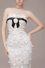 Strapless Flower Embroidery Maxi Dress In White