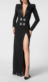 melissa v neck long blazer dress in black