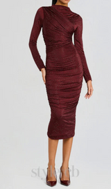 Diamond embellished pleated Midi Dress in merlot