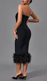BLACK STRAPLESS FEATHER CORSET DRESS