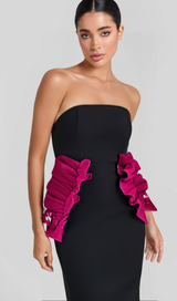 PLEATED ORNAMENTED BANDAGE MAXI DRESS IN BLACK