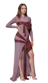 arlene Zachary Long Sleeve Bow Sequin Dress