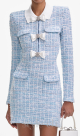 check collared knit mini dress in blue