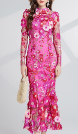 CAROL ROSE RED FLORAL EMBROIDERY MESH LONG SLEEVE MIDI DRESS