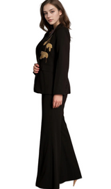 angela Primatou Black Embroidered Flared Blazer Suit