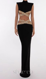 Gold X Beads Embellished Black maxi Dress
