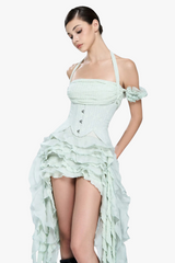 elva halter three-dimensional flower irregular tassel mini dress in mint