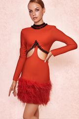 RHINESTONE CUTOUT FEATHER BANDAGE DRESS IN RED