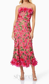 3D flower embroidery strapless midi dress in rose red