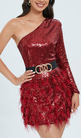 ONE-SHOULDER FEATHER SEQUINS MINI DRESS