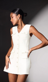 Bouclé pearl-buttons knitted mini dress in white