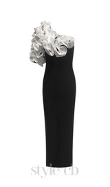 white flower embellished strapless black midi dress