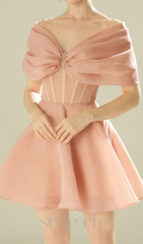 VENUS PINK OFF-SHOULDER MESH PANEL A-LINE MINI DRESS