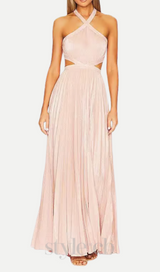 nancy halter cutout pleated gown in pale pink