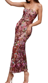 arabela CHACHI RED STRAPLESS FLOWER EMBROIDERY MAXI DRESS