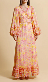 chiffon ruffled wrap maxi dress in orange