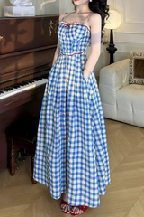 virginia plaid strap maxi dress in blue