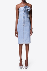 flower corsage strapless midi dress in light wash blue