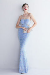 MARIAN BLUE CUTOUT SEQUINS HALTER MAXI DRESS