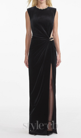 velvet crystal embellished maxi dress in black