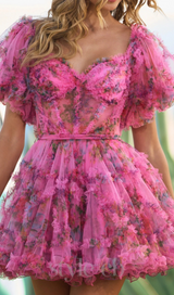 Tulle floral print balloon sleeve mini dress in pink