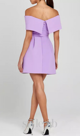 belted off-shoulder a-line mini dress in purple