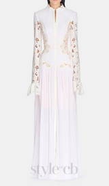 lace embroidered hollow maxi dress in white