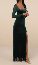 certifiably emerald velvet mesh long sleeve maxi dress