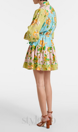 DONNA PRINTED COLORBLOCKED LINEN SHIRT DRESS