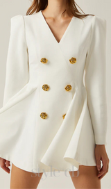 gold-button pleated peplum-hem white blazer dress