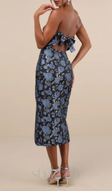 Beloved Belle Black Multi Jacquard Strapless Bow Midi Dress