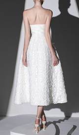 WHITE FLORAL EMBELLISHED STRAPLESS MIDI DRESS