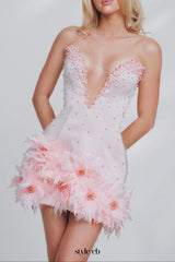 Tube Top deep V-neck pearl bodycon mini dress in pink