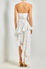 Lace sleeveless top irregular skirt set in white