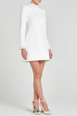 Beaded cuffs long sleeve mini dress in white