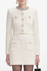 alisa Diamond-embellished tweed cardigan skirt set in white