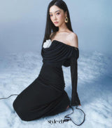 lila flower embellished pleated strapless maxi dress in black