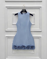 janice 3d flower sleeveless mini dress in blue