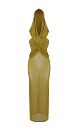 GINGER YELLOW SHEER EVENING GOWN WITH DRAPED HOOD